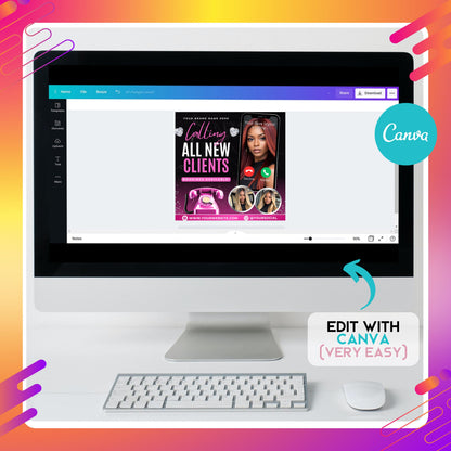 Editable new clients booking flyer template in Canva, bold pink and black beauty promo design for hairstylists and lash techs.
New client special flyer, Canva editable design for nail techs, MUAs, and salon professionals announcing open bookings.
Book now flyer template in Canva for hairstylists, lash and nail technicians, beauty marketing and client booking promotions.
Editable Canva flyer design, new client booking announcement for wig installs, braids, and beauty professionals.