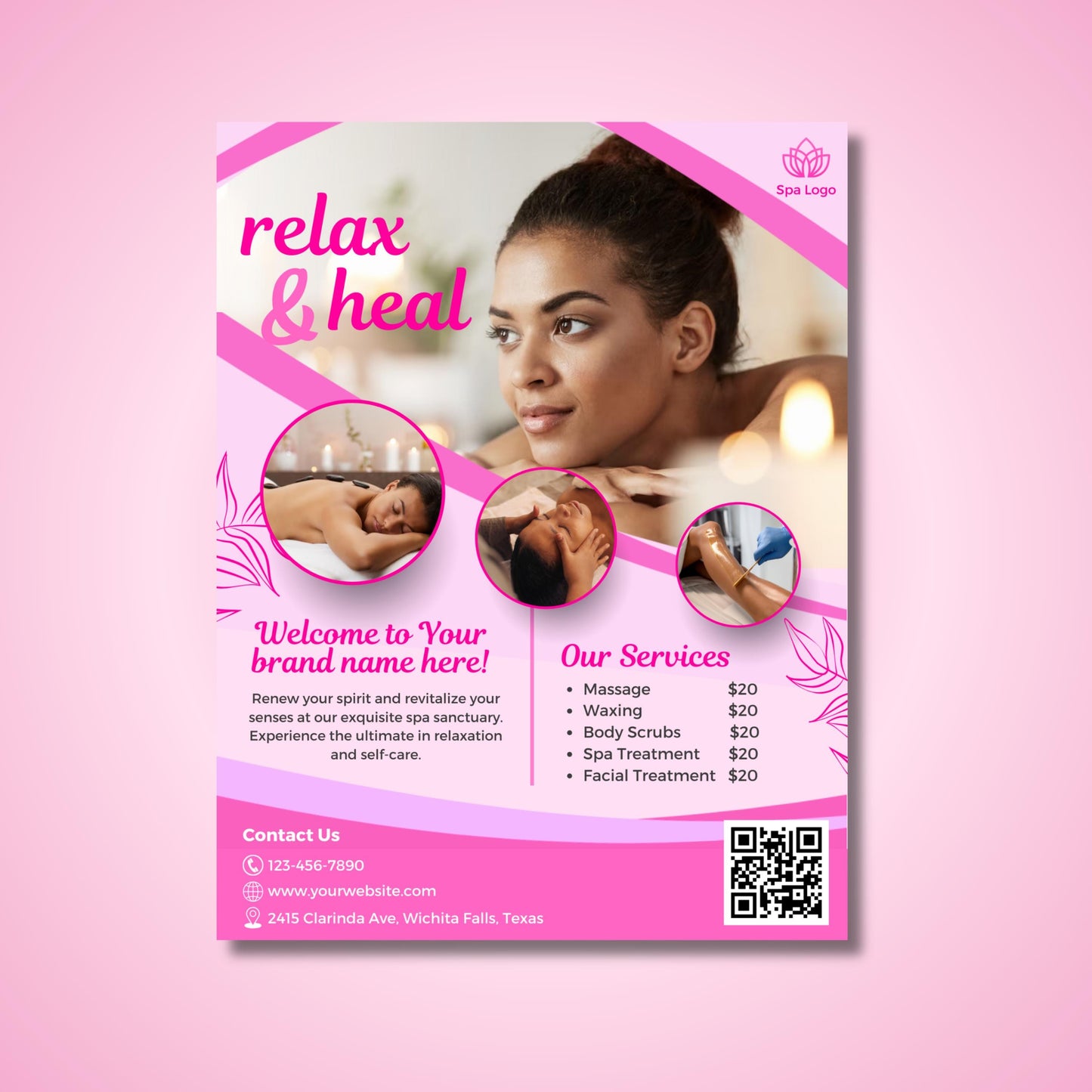 editable spa flyer template in pink tones for massage, facials, waxing, and body scrubs, canva design for wellness businesses
relax and heal spa flyer design, customizable canva template for estheticians, massage therapists, and spa service promotions
wellness marketing flyer template in pink, editable canva design for spa treatments, waxing, body scrubs, and facials
modern spa flyer canva template with pricing and services, perfect for promoting massage therapy and beauty wellness businesses