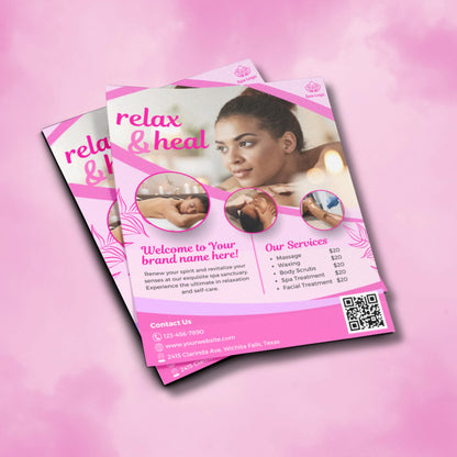 Editable spa flyer template in pink tones for massage, facials, waxing, and body scrubs, Canva design for wellness businesses
Relax and heal spa flyer design, customizable Canva template for estheticians, massage therapists, and spa service promotions
Wellness marketing flyer template in pink, editable Canva design for spa treatments, waxing, body scrubs, and facials
Modern spa flyer Canva template with pricing and services, perfect for promoting massage therapy and beauty wellness businesses
