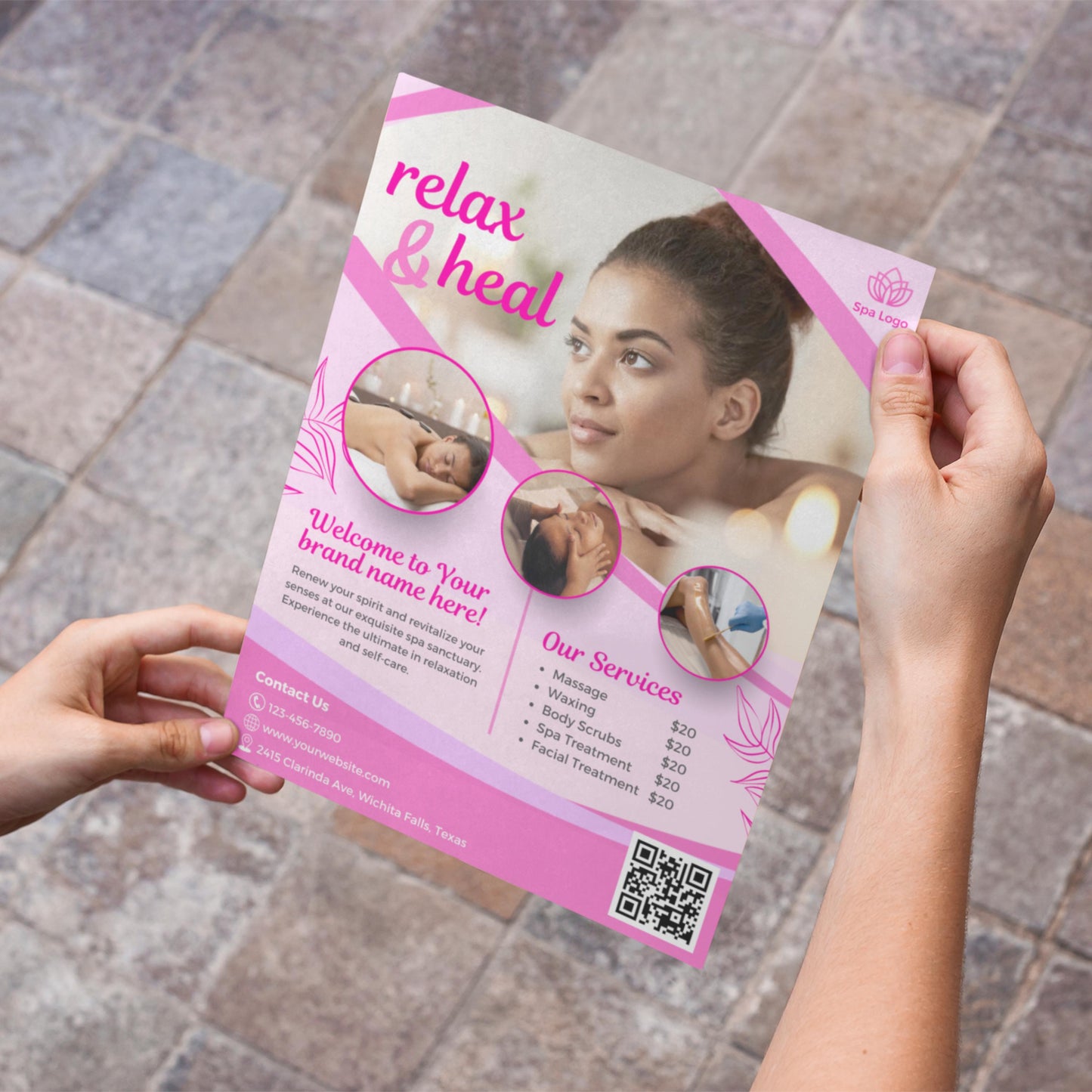 editable spa flyer template in pink tones for massage, facials, waxing, and body scrubs, canva design for wellness businesses
relax and heal spa flyer design, customizable canva template for estheticians, massage therapists, and spa service promotions
wellness marketing flyer template in pink, editable canva design for spa treatments, waxing, body scrubs, and facials
modern spa flyer canva template with pricing and services, perfect for promoting massage therapy and beauty wellness businesses