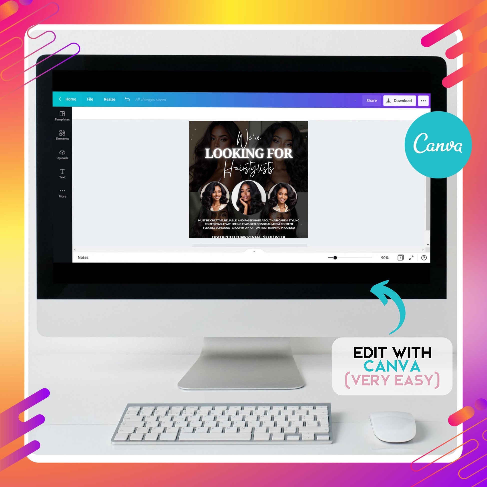 Editable hairstylist wanted flyer template for salons, modern Canva recruitment design with chair rental details and job requirements
Salon hiring flyer in black and white theme, customizable Canva template for hairstylist recruitment and beauty business promotion
Professional hairstylist recruitment flyer design, editable Canva salon hiring template for chair rental and job advertising
Salon wanted flyer template for hairstylists, fully customizable Canva design to promote job openings