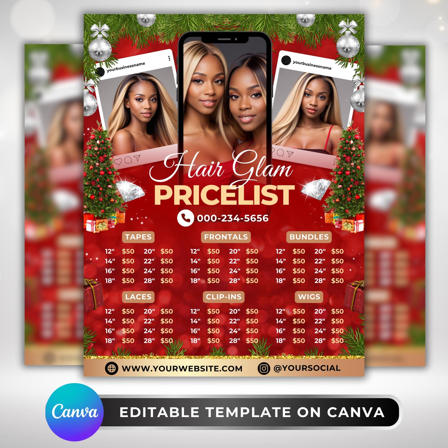 “editable christmas hair price list flyer for salons and wig businesses, red festive canva template showing wig and bundle prices.”

“holiday wig pricelist flyer for hairstylists, editable canva design with christmas decorations and models.”

“salon price list template for wigs and frontals, christmas red theme canva flyer for hair business marketing.”

“editable canva holiday flyer showing hair bundle prices and salon pricelist, perfect for christmas promotions.”