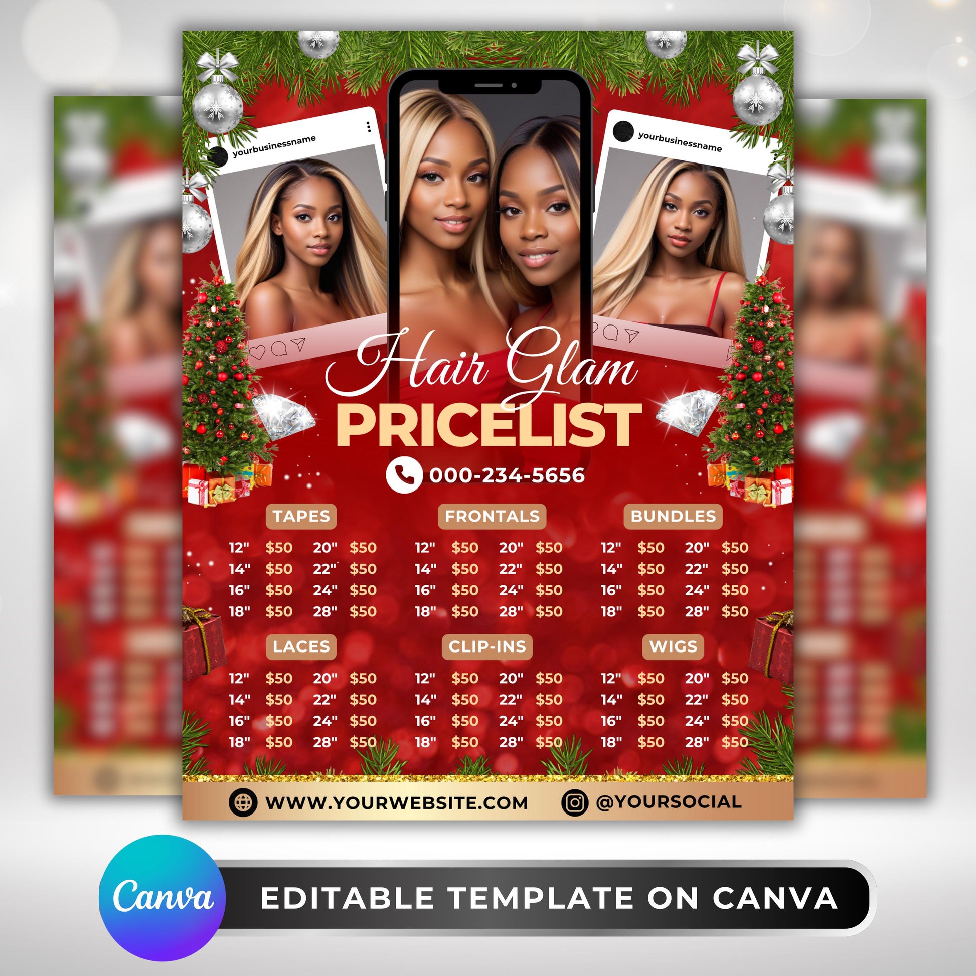 “Editable Christmas hair price list flyer for salons and wig businesses, red festive Canva template showing wig and bundle prices.”

“Holiday wig pricelist flyer for hairstylists, editable Canva design with Christmas decorations and models.”

“Salon price list template for wigs and frontals, Christmas red theme Canva flyer for hair business marketing.”

“Editable Canva holiday flyer showing hair bundle prices and salon pricelist, perfect for Christmas promotions.”