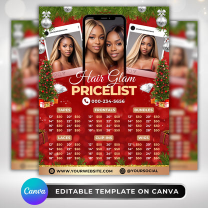 “Editable Christmas hair price list flyer for salons and wig businesses, red festive Canva template showing wig and bundle prices.”

“Holiday wig pricelist flyer for hairstylists, editable Canva design with Christmas decorations and models.”

“Salon price list template for wigs and frontals, Christmas red theme Canva flyer for hair business marketing.”

“Editable Canva holiday flyer showing hair bundle prices and salon pricelist, perfect for Christmas promotions.”