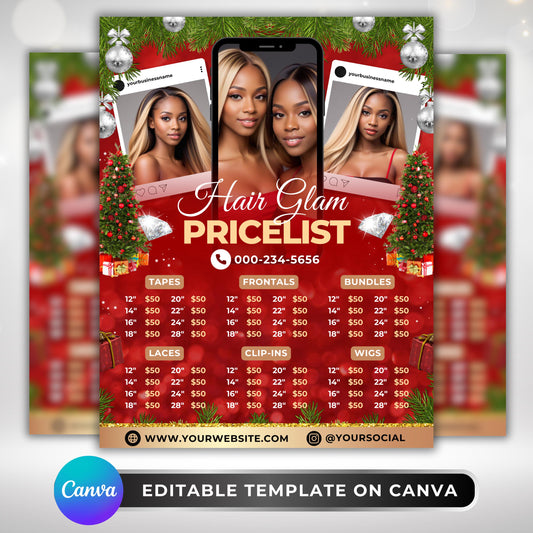 “Editable Christmas hair price list flyer for salons and wig businesses, red festive Canva template showing wig and bundle prices.”

“Holiday wig pricelist flyer for hairstylists, editable Canva design with Christmas decorations and models.”

“Salon price list template for wigs and frontals, Christmas red theme Canva flyer for hair business marketing.”

“Editable Canva holiday flyer showing hair bundle prices and salon pricelist, perfect for Christmas promotions.”