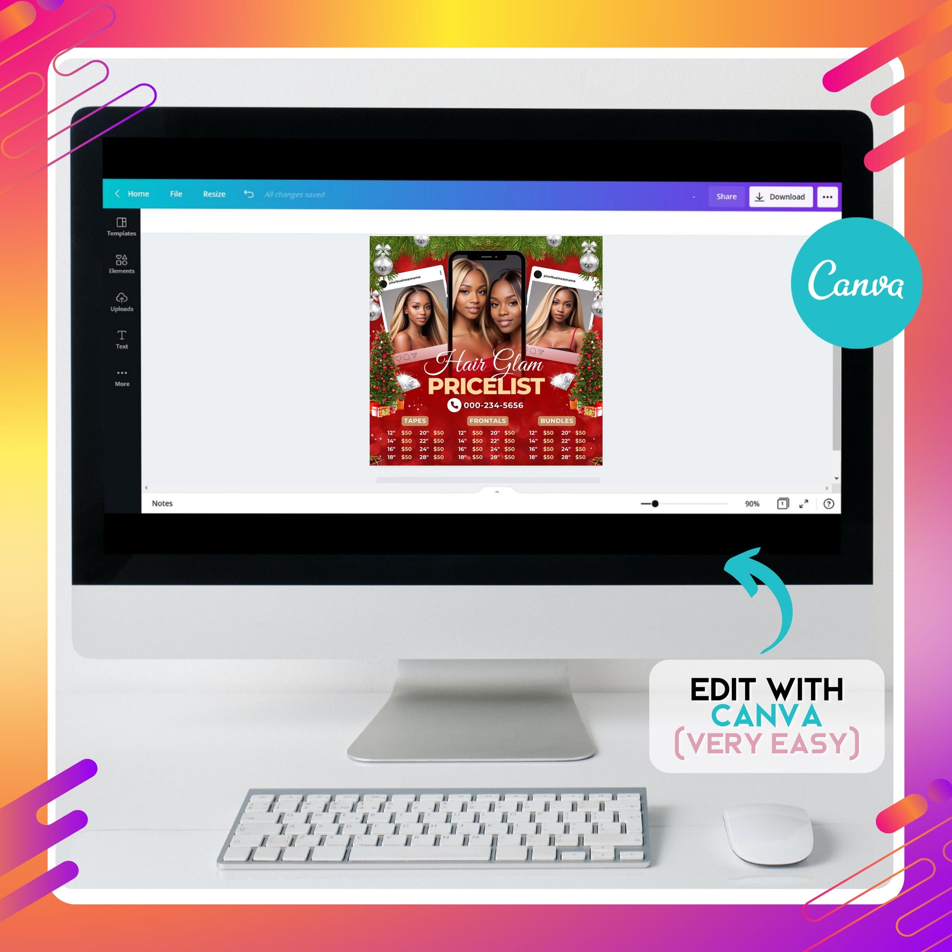 “Editable Christmas hair price list flyer for salons and wig businesses, red festive Canva template showing wig and bundle prices.”

“Holiday wig pricelist flyer for hairstylists, editable Canva design with Christmas decorations and models.”

“Salon price list template for wigs and frontals, Christmas red theme Canva flyer for hair business marketing.”

“Editable Canva holiday flyer showing hair bundle prices and salon pricelist, perfect for Christmas promotions.”