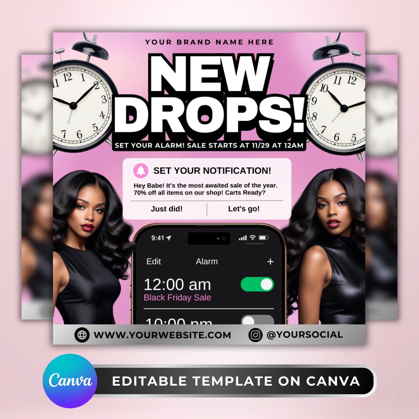 editable canva black friday flyer template for boutiques and beauty businesses, new drops and sale promotion design
black friday sale flyer, canva template for online shops, boutiques, and wig/beauty businesses
new drops flyer template with bold text, clocks, and notifications, perfect for holiday sale promotion
editable canva flyer for black friday and cyber monday sales, small business marketing design
online shop promotion flyer template in canva, customizable sale announcement design