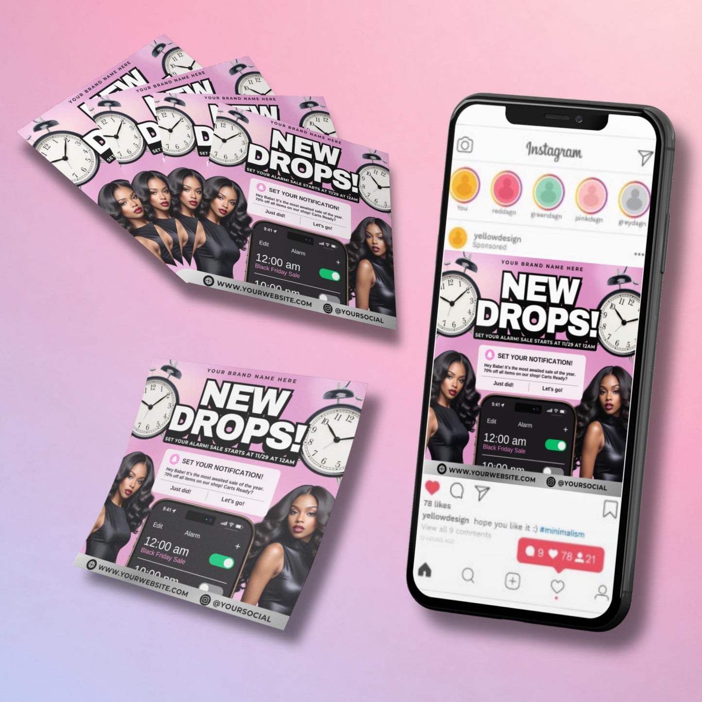 editable canva black friday flyer template for boutiques and beauty businesses, new drops and sale promotion design
black friday sale flyer, canva template for online shops, boutiques, and wig/beauty businesses
new drops flyer template with bold text, clocks, and notifications, perfect for holiday sale promotion
editable canva flyer for black friday and cyber monday sales, small business marketing design
online shop promotion flyer template in canva, customizable sale announcement design