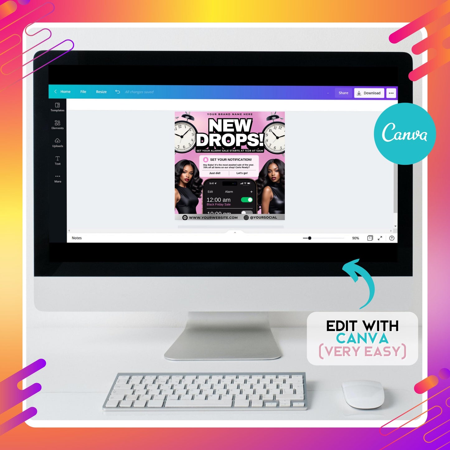 editable canva black friday flyer template for boutiques and beauty businesses, new drops and sale promotion design
black friday sale flyer, canva template for online shops, boutiques, and wig/beauty businesses
new drops flyer template with bold text, clocks, and notifications, perfect for holiday sale promotion
editable canva flyer for black friday and cyber monday sales, small business marketing design
online shop promotion flyer template in canva, customizable sale announcement design