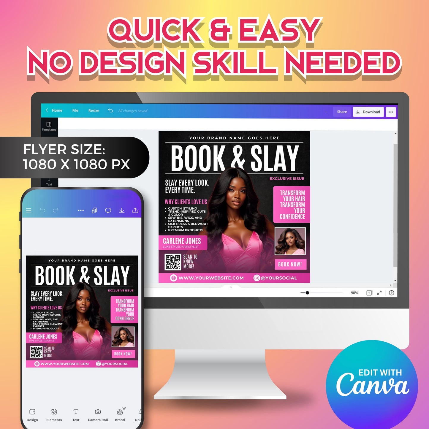 “editable book & slay flyer template in canva, magazine-style beauty promo design for hairstylists and wig specialists in pink and black theme.”
“modern hair stylist flyer for booking promotions, editable canva template featuring book & slay headline and beauty model.”
“pink and black salon flyer template for wigs, sew-ins, and hair services, editable in canva for hairstylists.”
beauty marketing flyer for hairstylists and salons, book & slay canva design to promote hair services and bookings.