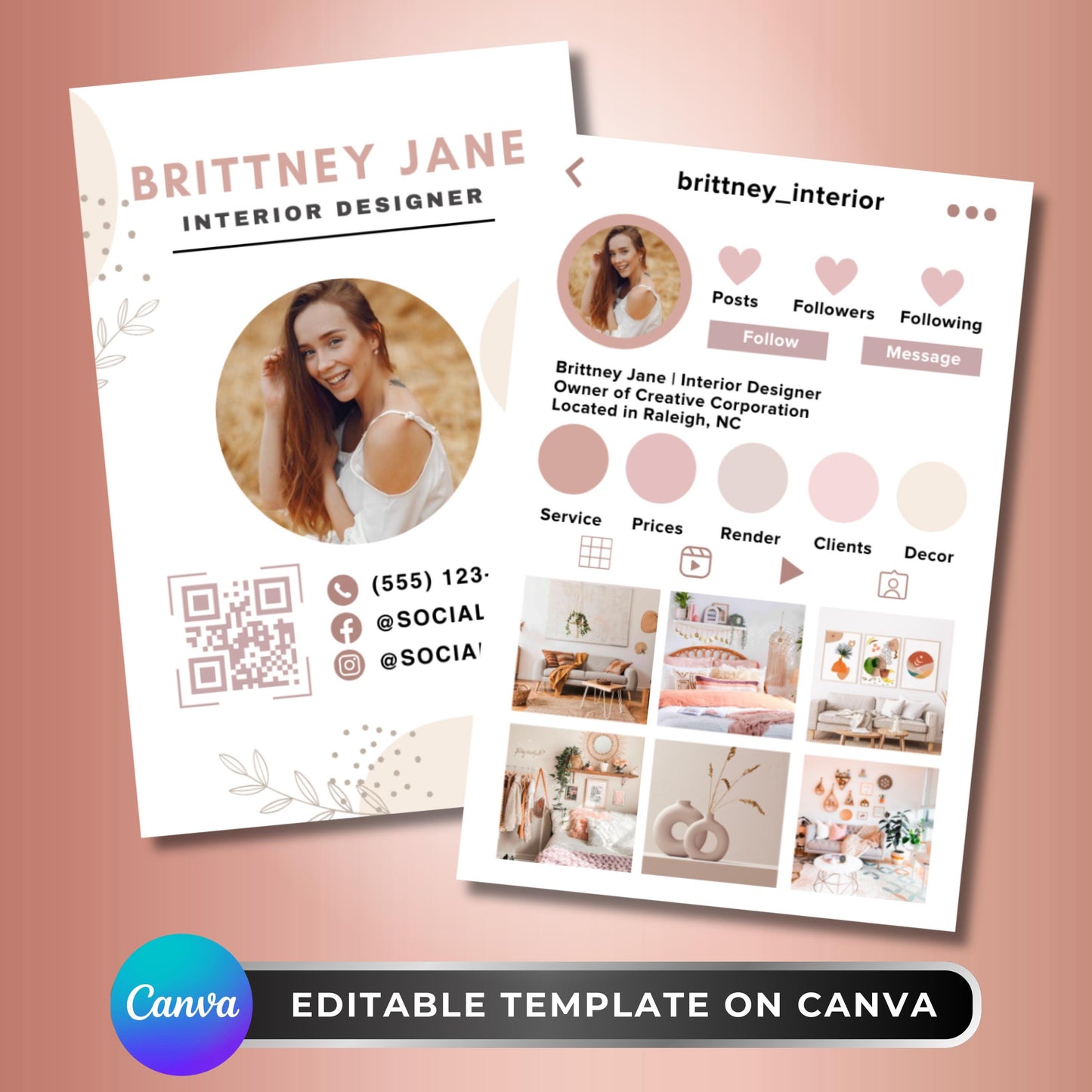 boho business card template, instagram business card, editable canva business card, social media card, digital contact card