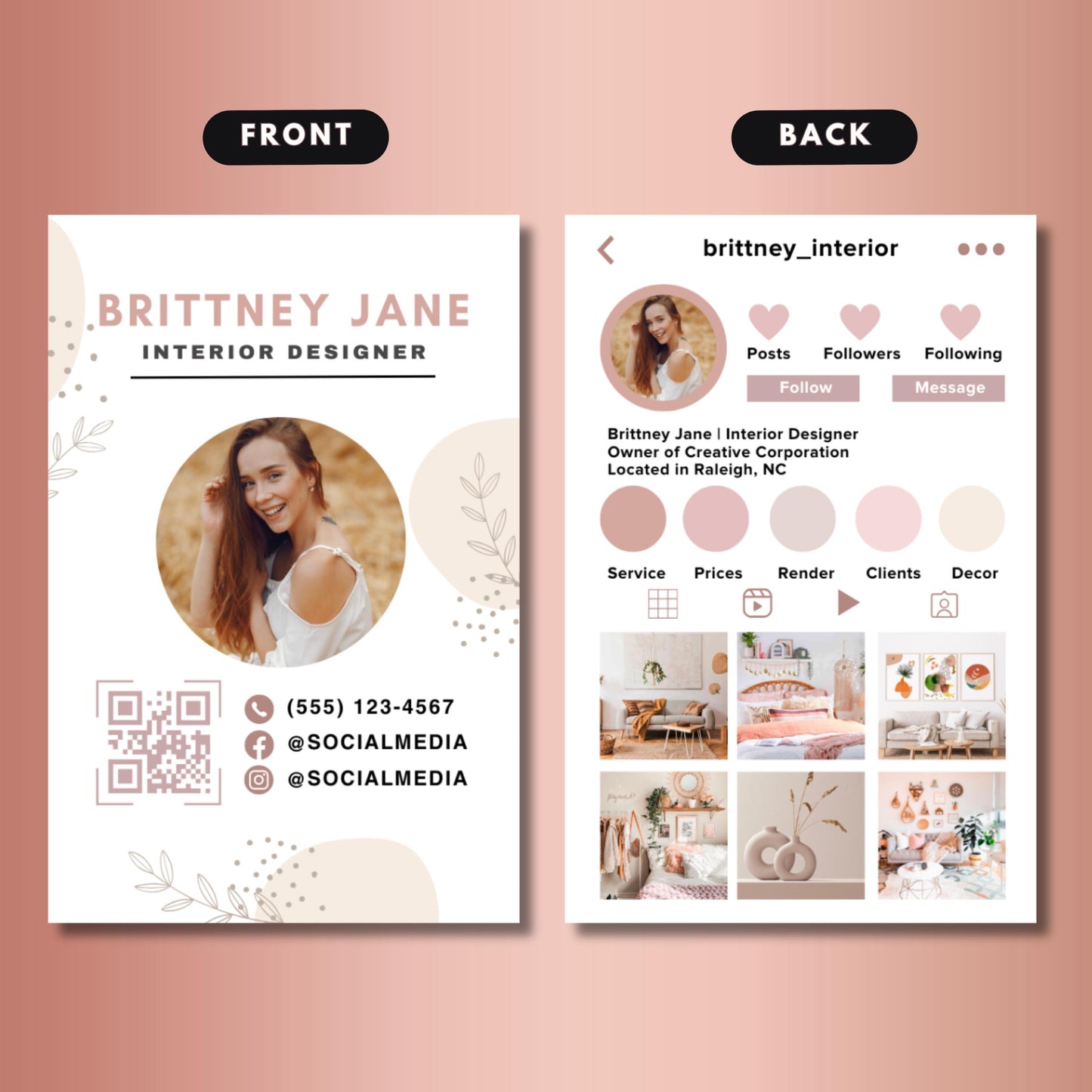 boho business card template, instagram business card, editable canva business card, social media card, digital contact card