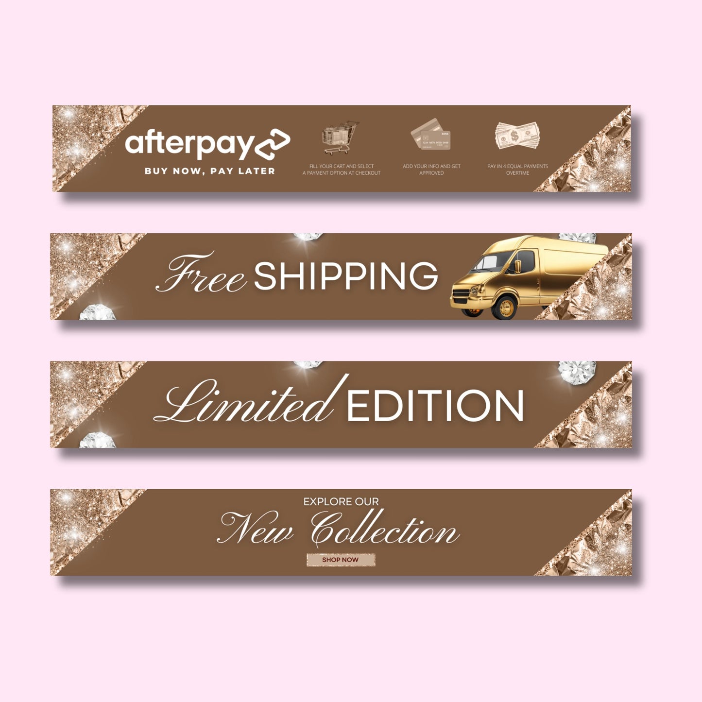 rose gold website banner set: beauty boutique web banners for hair & lash, shopify canva template