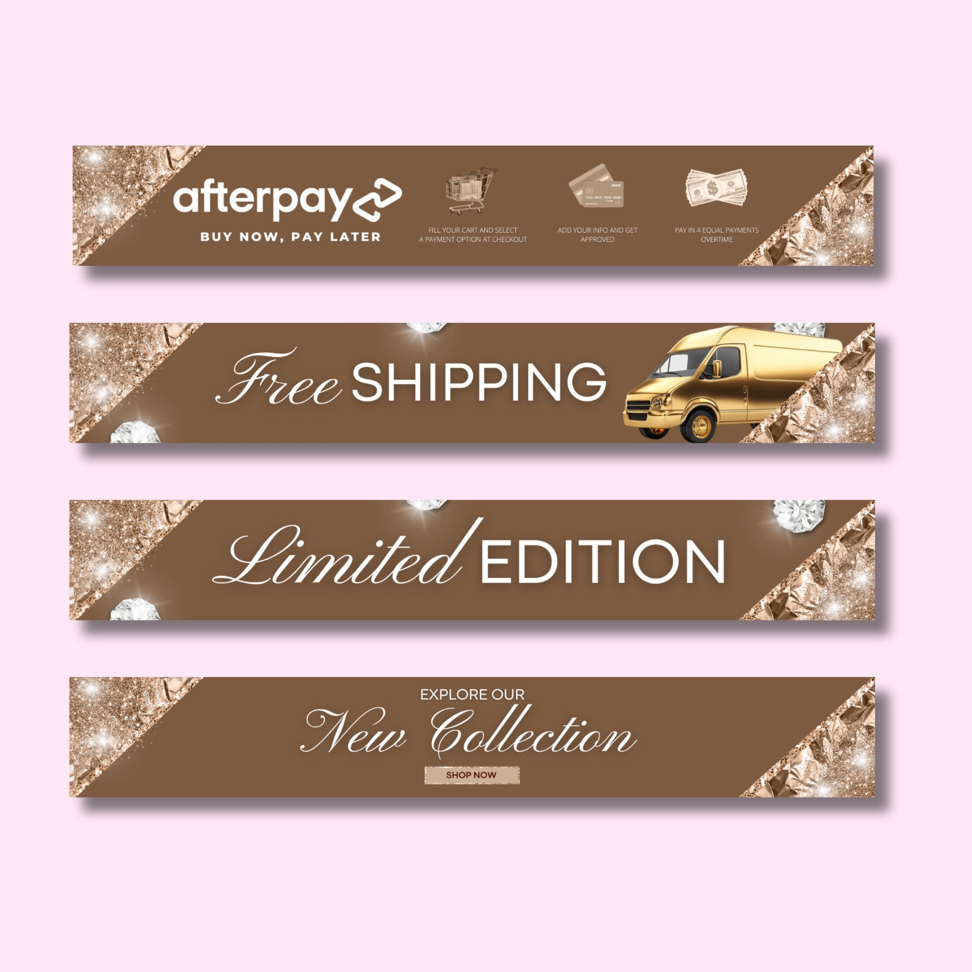 Rose Gold Website Banner Set: Beauty Boutique Web Banners for Hair & Lash, Shopify Canva Template