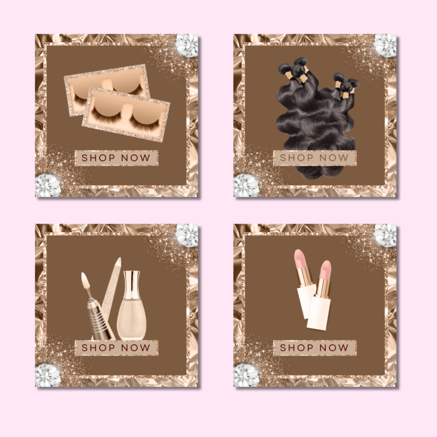 rose gold website banner set: beauty boutique web banners for hair & lash, shopify canva template