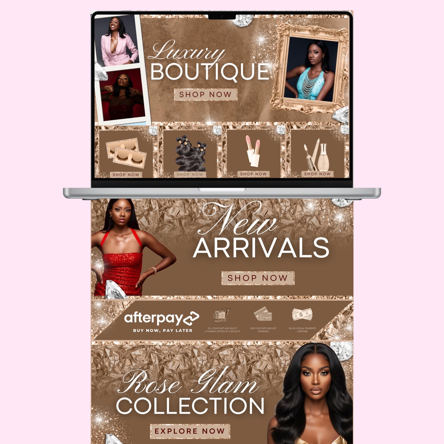 rose gold website banner set: beauty boutique web banners for hair & lash, shopify canva template