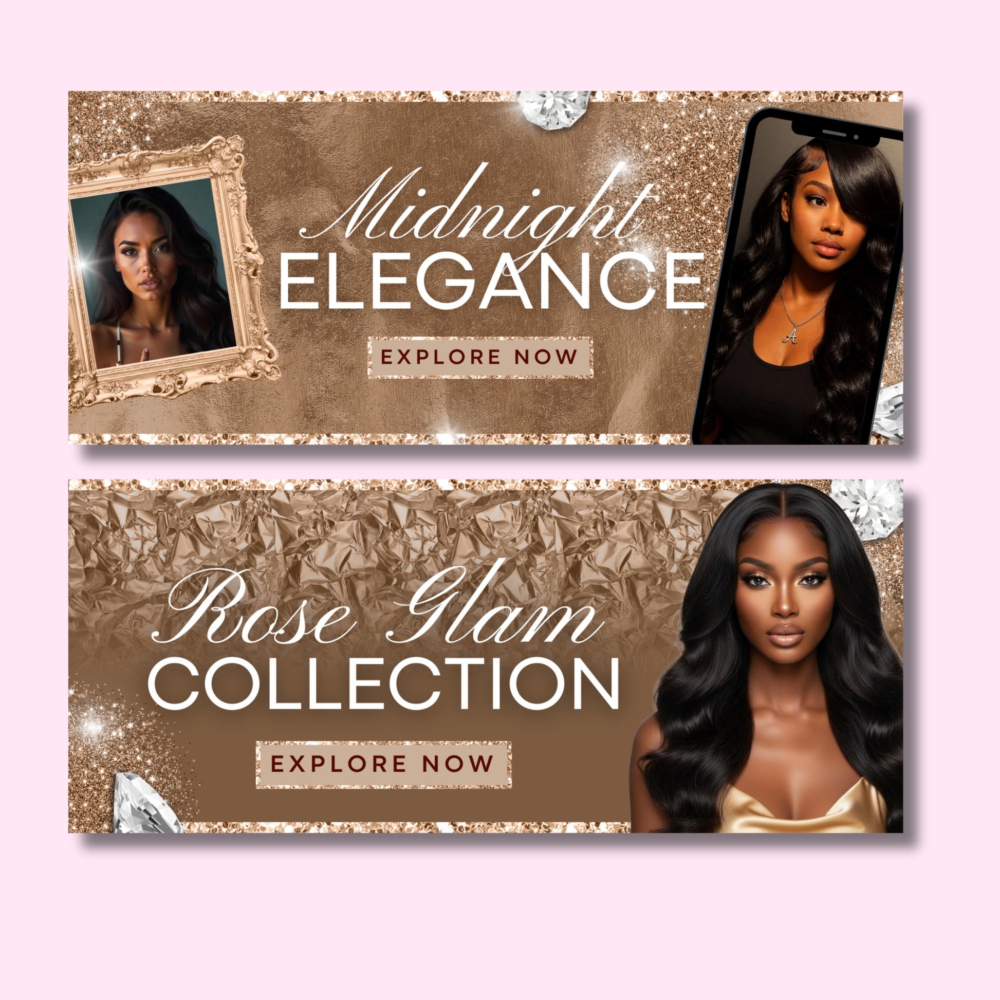 Rose Gold Website Banner Set: Beauty Boutique Web Banners for Hair & Lash, Shopify Canva Template