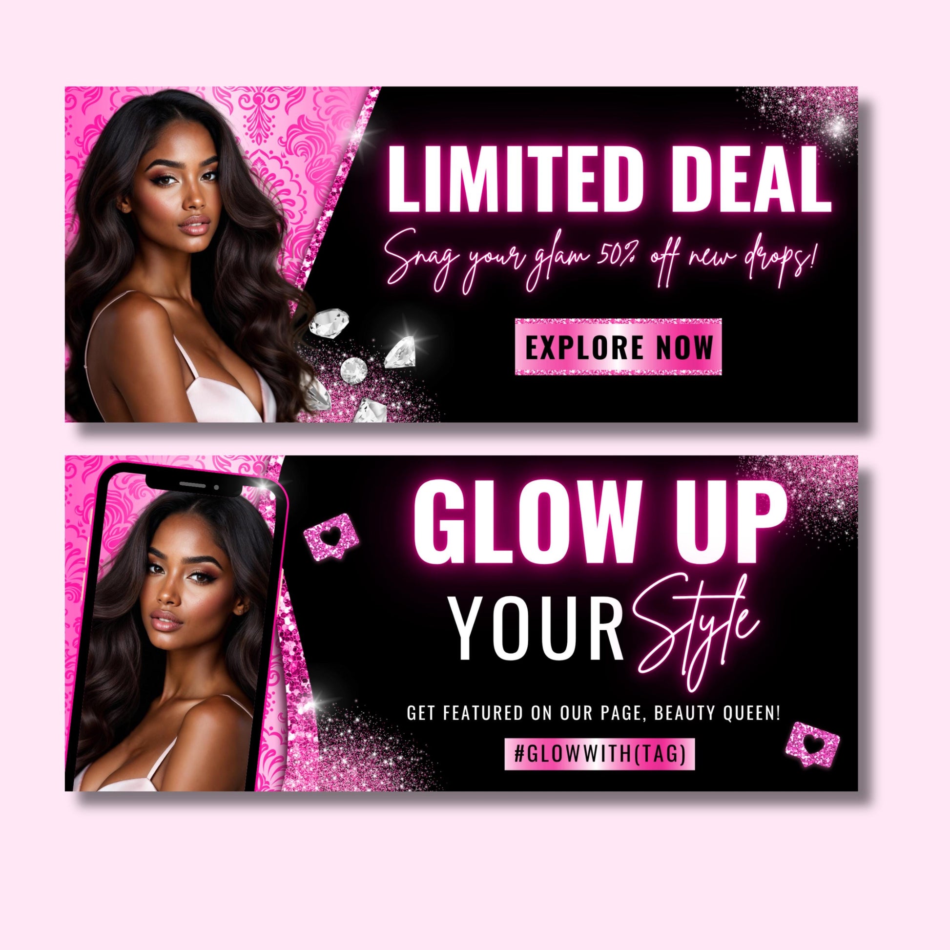🔹 5. ALT TEXTS

“Editable hot pink website banner set for beauty, hair, and lash brands, bold glam Canva templates.”

“Shopify and Wix web banners in pink and black glitter style for boutiques and salons.”

“Glam beauty web banners for online stores, editable Canva templates in pink theme.”

“Lash, hair, and beauty website banner templates for Shopify or Wix, pink and sparkly design.”

“Hot pink glam website banner set for beauty boutiques and hair businesses.”