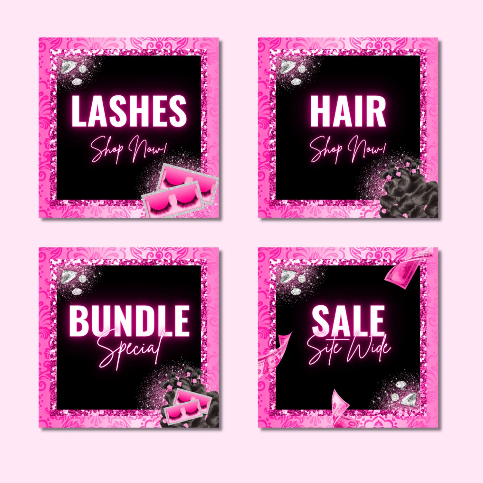 🔹 5. ALT TEXTS

“Editable hot pink website banner set for beauty, hair, and lash brands, bold glam Canva templates.”

“Shopify and Wix web banners in pink and black glitter style for boutiques and salons.”

“Glam beauty web banners for online stores, editable Canva templates in pink theme.”

“Lash, hair, and beauty website banner templates for Shopify or Wix, pink and sparkly design.”

“Hot pink glam website banner set for beauty boutiques and hair businesses.”