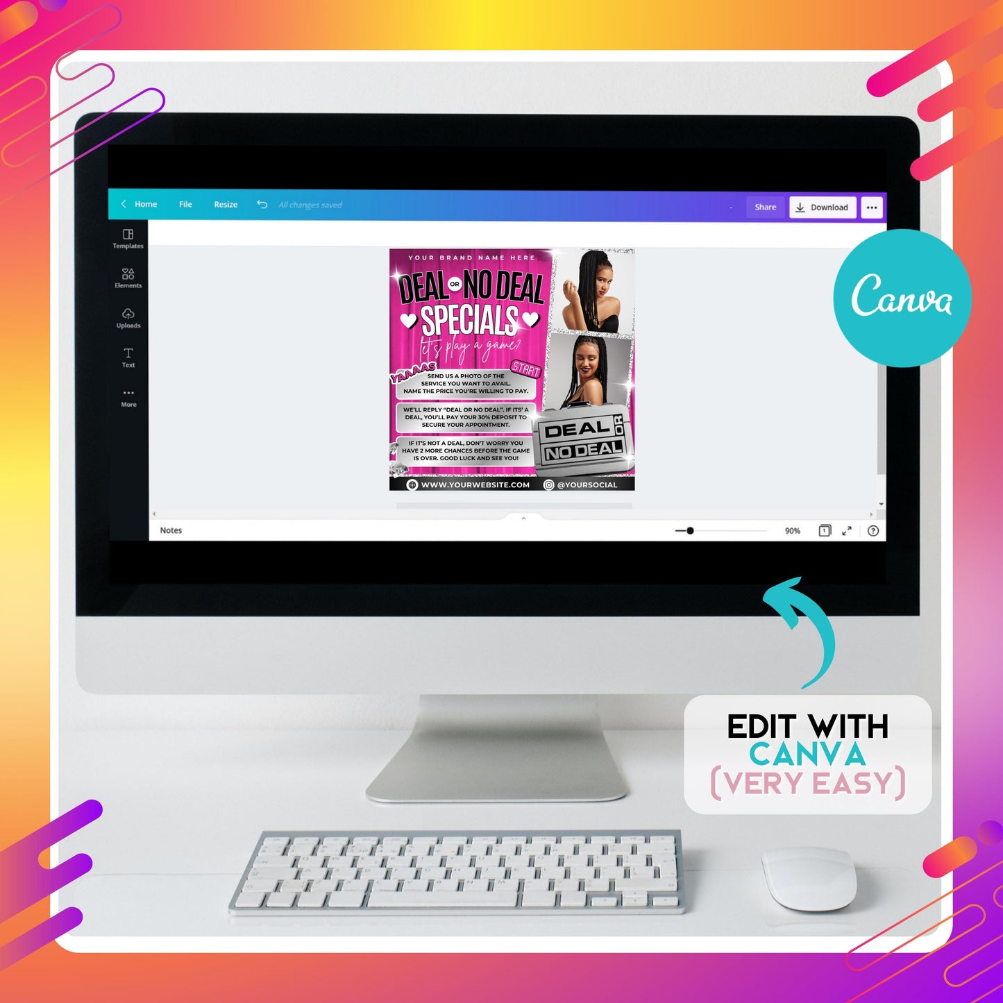 editable canva deal or no deal flyer template for hairstylists and salons
pink salon promotion flyer with fun interactive deal or no deal theme
editable canva flyer for wig installs, braids, and hairstylist specials
modern beauty salon flyer template for promotions and client engagement
deal or no deal hair salon discount flyer with customizable text