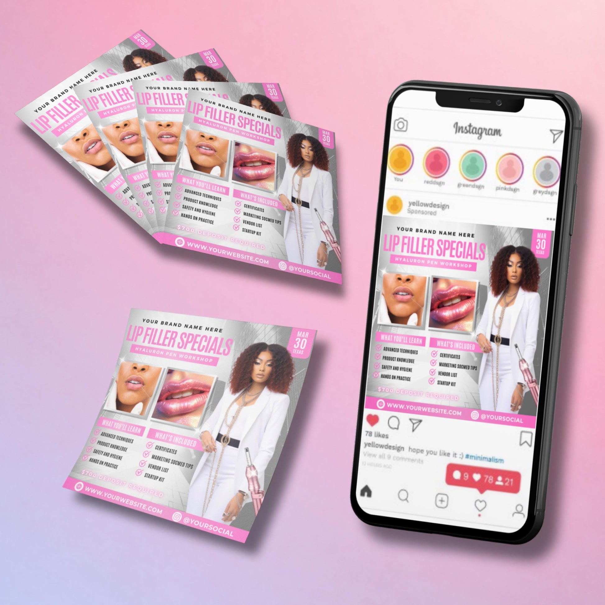 Editable Canva lip filler flyer template for Hyaluron Pen workshop promotion
Pink and white esthetician training flyer design for lip filler specials
Professional beauty workshop flyer template for med spa or estheticians
Editable Canva cosmetic nurse flyer for Hyaluron Pen training events
Lip filler training class flyer with workshop details and modern design