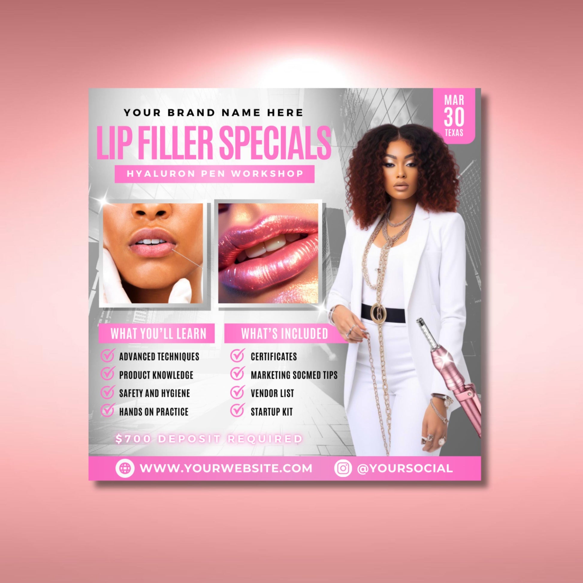 Editable Canva lip filler flyer template for Hyaluron Pen workshop promotion
Pink and white esthetician training flyer design for lip filler specials
Professional beauty workshop flyer template for med spa or estheticians
Editable Canva cosmetic nurse flyer for Hyaluron Pen training events
Lip filler training class flyer with workshop details and modern design