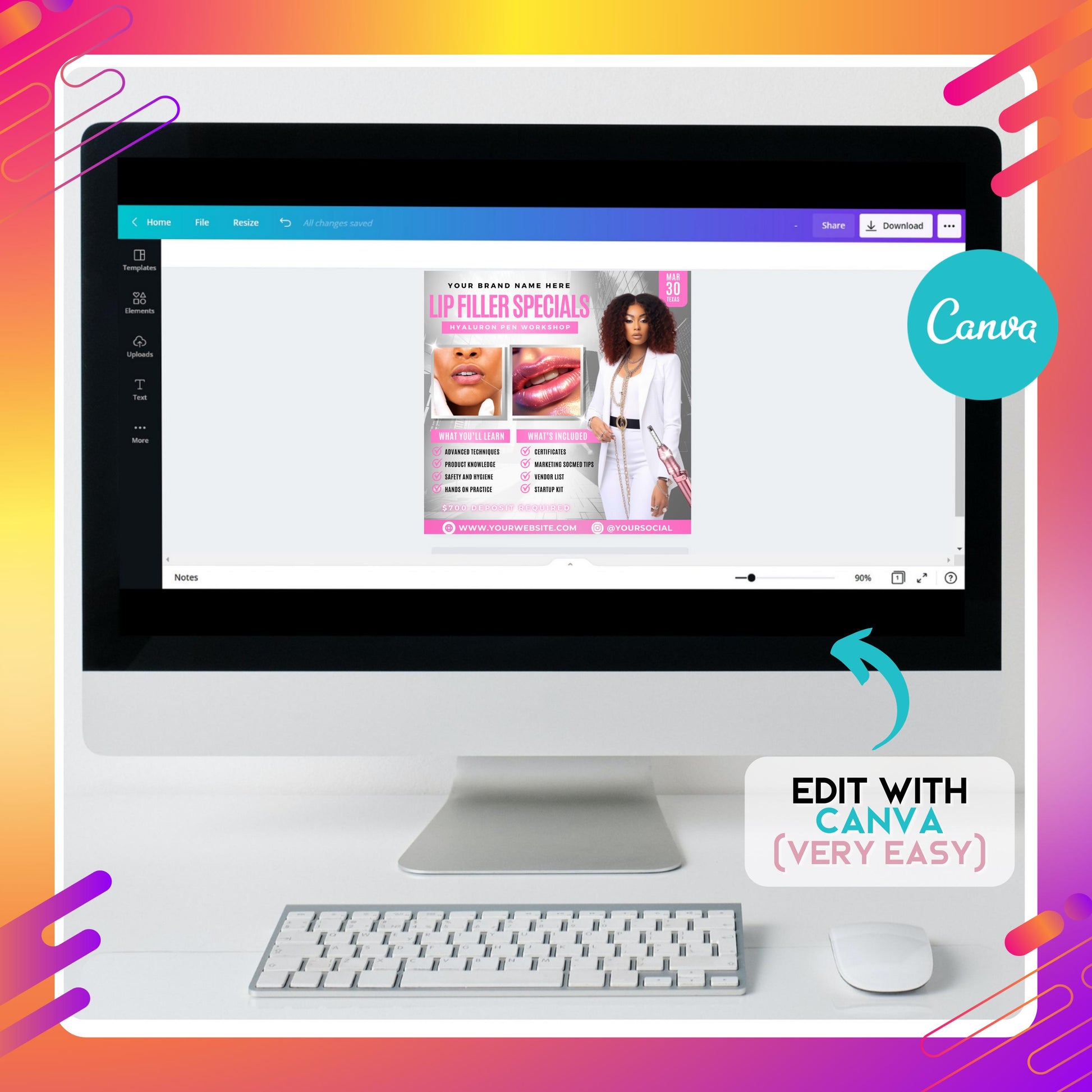 Editable Canva lip filler flyer template for Hyaluron Pen workshop promotion
Pink and white esthetician training flyer design for lip filler specials
Professional beauty workshop flyer template for med spa or estheticians
Editable Canva cosmetic nurse flyer for Hyaluron Pen training events
Lip filler training class flyer with workshop details and modern design