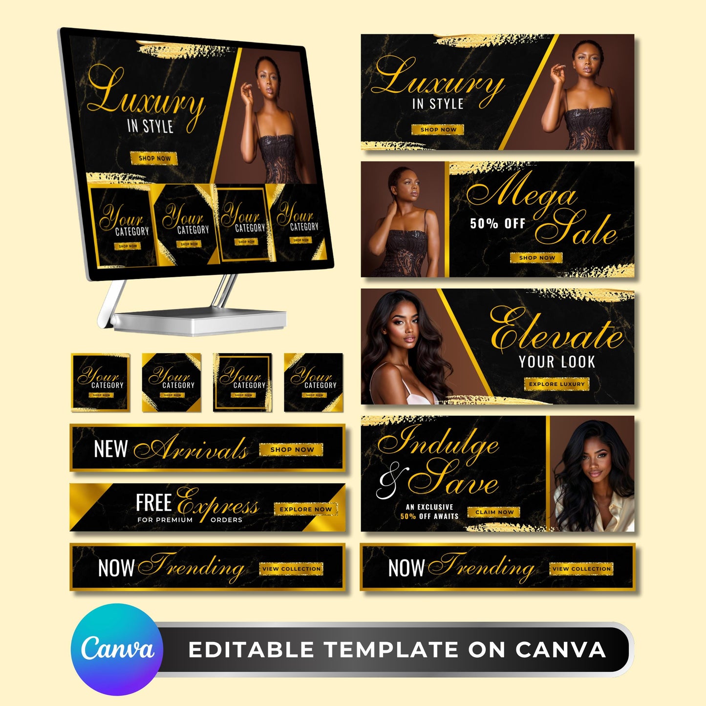 website banner set: beauty boutique web banners for shopify & wix, black and gold glam canva template