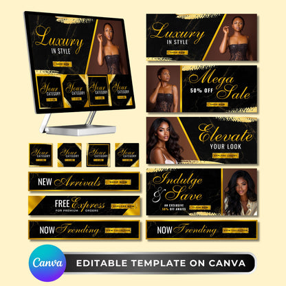 Website Banner Set: Beauty Boutique Web Banners for Shopify & Wix, Black and Gold Glam Canva Template