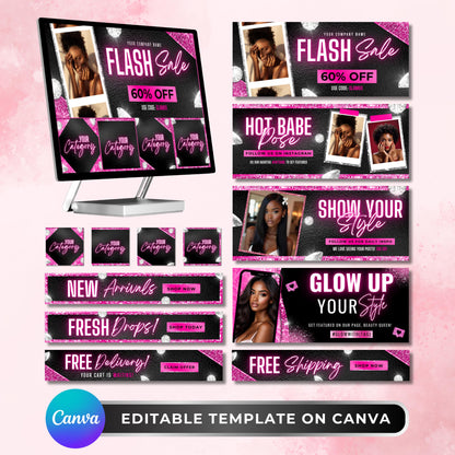 “Editable glam website banner set for Shopify and Wix beauty stores, Canva web templates.”

“Website banners for boutique and lash businesses, editable Canva templates.”

“Professional Shopify and Wix banner designs for beauty brands.”

“Glam website template pack for hair and lash businesses.”

“Editable web banner templates for online boutiques and e-commerce stores.”