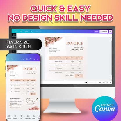 Invoice Template: Boho Minimalist Business Billing Form, Modern Small Business Design, Editable Canva Template