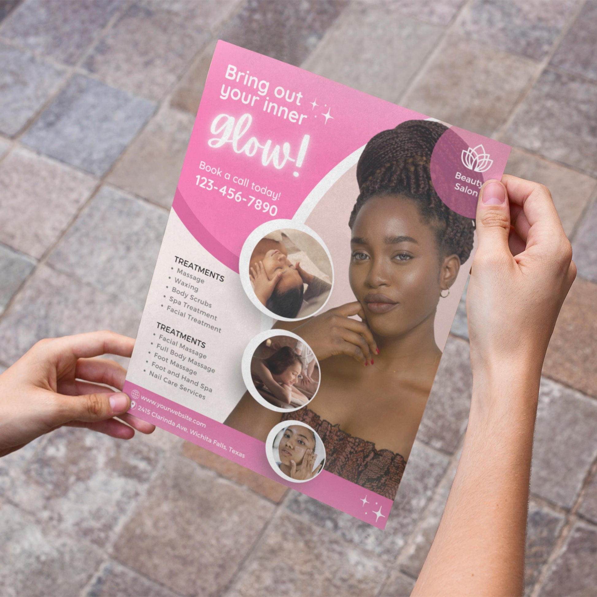 “Editable beauty salon flyer template in pink and white tones, Canva spa promotion design for facials and massage services.”

“Spa flyer template promoting beauty treatments and skincare packages, customizable Canva design for salons.”

“Professional salon marketing flyer for estheticians and spas, editable Canva layout in pink aesthetic.”

“Facial and massage flyer template for beauty salons, self-care spa design editable in Canva.”