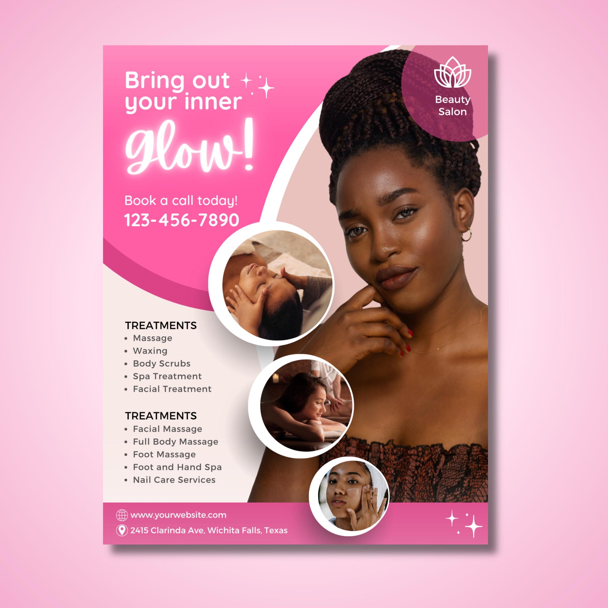 “Editable beauty salon flyer template in pink and white tones, Canva spa promotion design for facials and massage services.”

“Spa flyer template promoting beauty treatments and skincare packages, customizable Canva design for salons.”

“Professional salon marketing flyer for estheticians and spas, editable Canva layout in pink aesthetic.”

“Facial and massage flyer template for beauty salons, self-care spa design editable in Canva.”