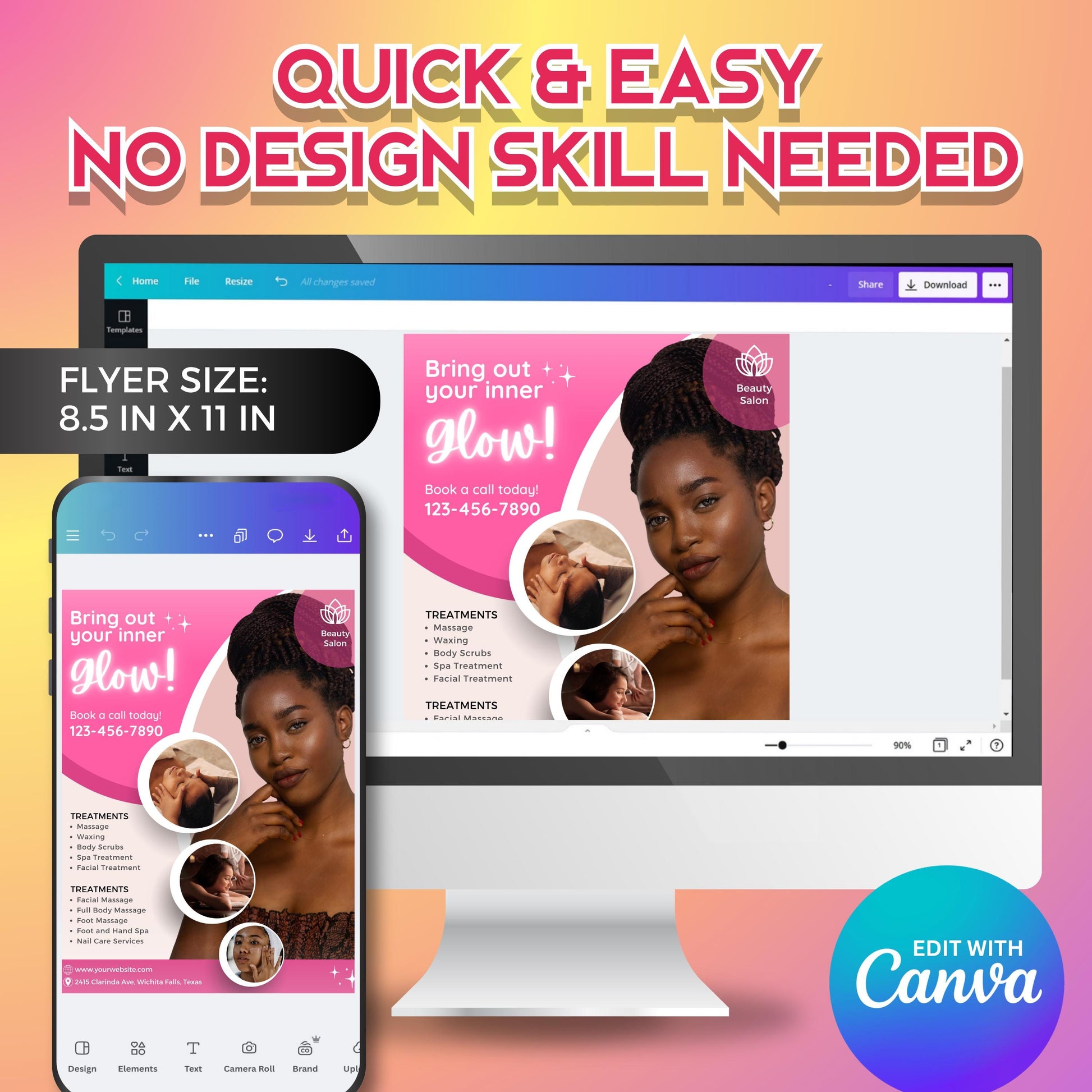 “Editable beauty salon flyer template in pink and white tones, Canva spa promotion design for facials and massage services.”

“Spa flyer template promoting beauty treatments and skincare packages, customizable Canva design for salons.”

“Professional salon marketing flyer for estheticians and spas, editable Canva layout in pink aesthetic.”

“Facial and massage flyer template for beauty salons, self-care spa design editable in Canva.”