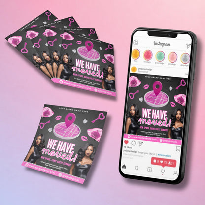 Editable Canva We Have Moved flyer template for salon and spa relocation announcements.
Pink business move flyer design with new location details.
Editable relocation flyer template for boutiques, salons, and spas.
Modern Canva flyer for announcing We Have Moved with business address.
Editable marketing flyer for new location announcement, pink and black design.