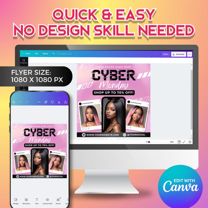 Editable Canva flyer set for beauty, boutique, and nail businesses advertising Cyber Monday sales.