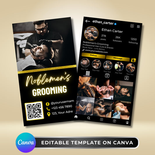 Editable Instagram barbershop business card template in black and gold, modern barber branding design with QR code, Canva format.