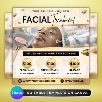 Editable Canva facial treatment flyer template for spa and esthetician marketing.
Luxury skincare flyer design for facial, massage, and hydration services.
Editable beauty business flyer template for estheticians and spas.
Facial treatment flyer with pricing and service details in gold design.
Editable Canva flyer for skincare, spa, and wellness facial promotions.