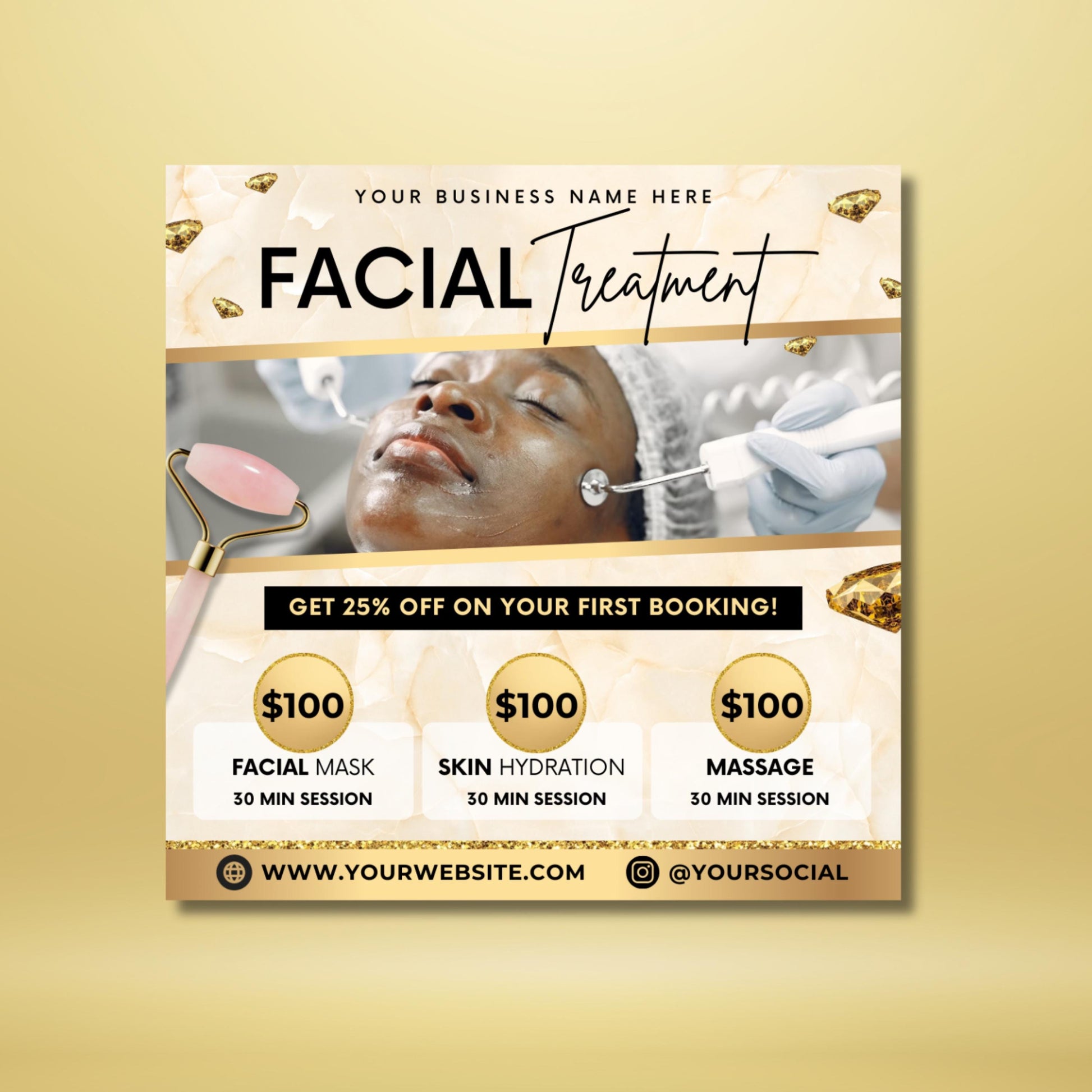 Editable Canva facial treatment flyer template for spa and esthetician marketing.
Luxury skincare flyer design for facial, massage, and hydration services.
Editable beauty business flyer template for estheticians and spas.
Facial treatment flyer with pricing and service details in gold design.
Editable Canva flyer for skincare, spa, and wellness facial promotions.