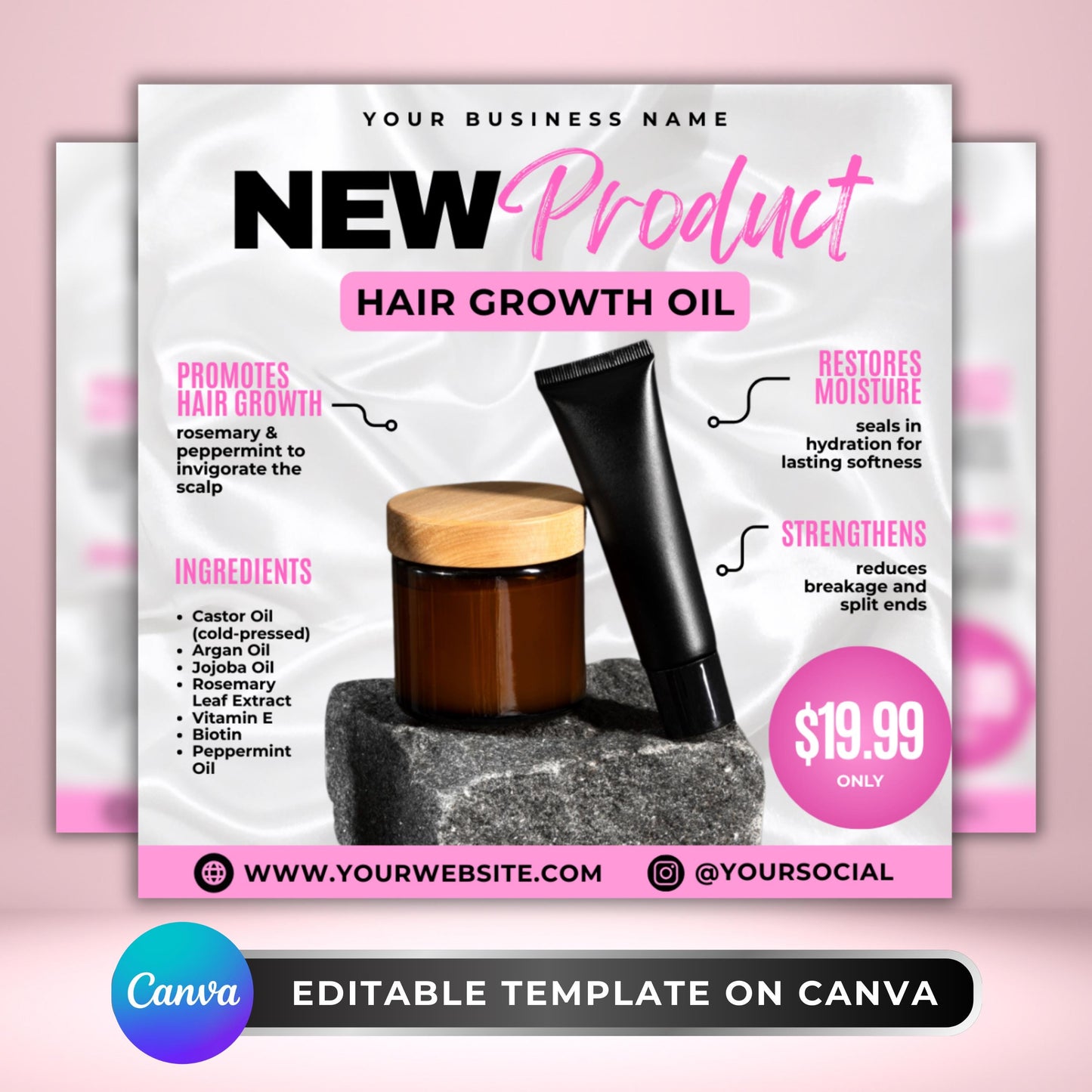 editable canva hair growth oil flyer template for beauty product marketing.
natural haircare flyer design with ingredients and benefits listed.
cosmetic product flyer template for small businesses and beauty brands.
editable canva flyer for hair growth oil promotion and sales.
haircare marketing flyer highlighting product features and price.