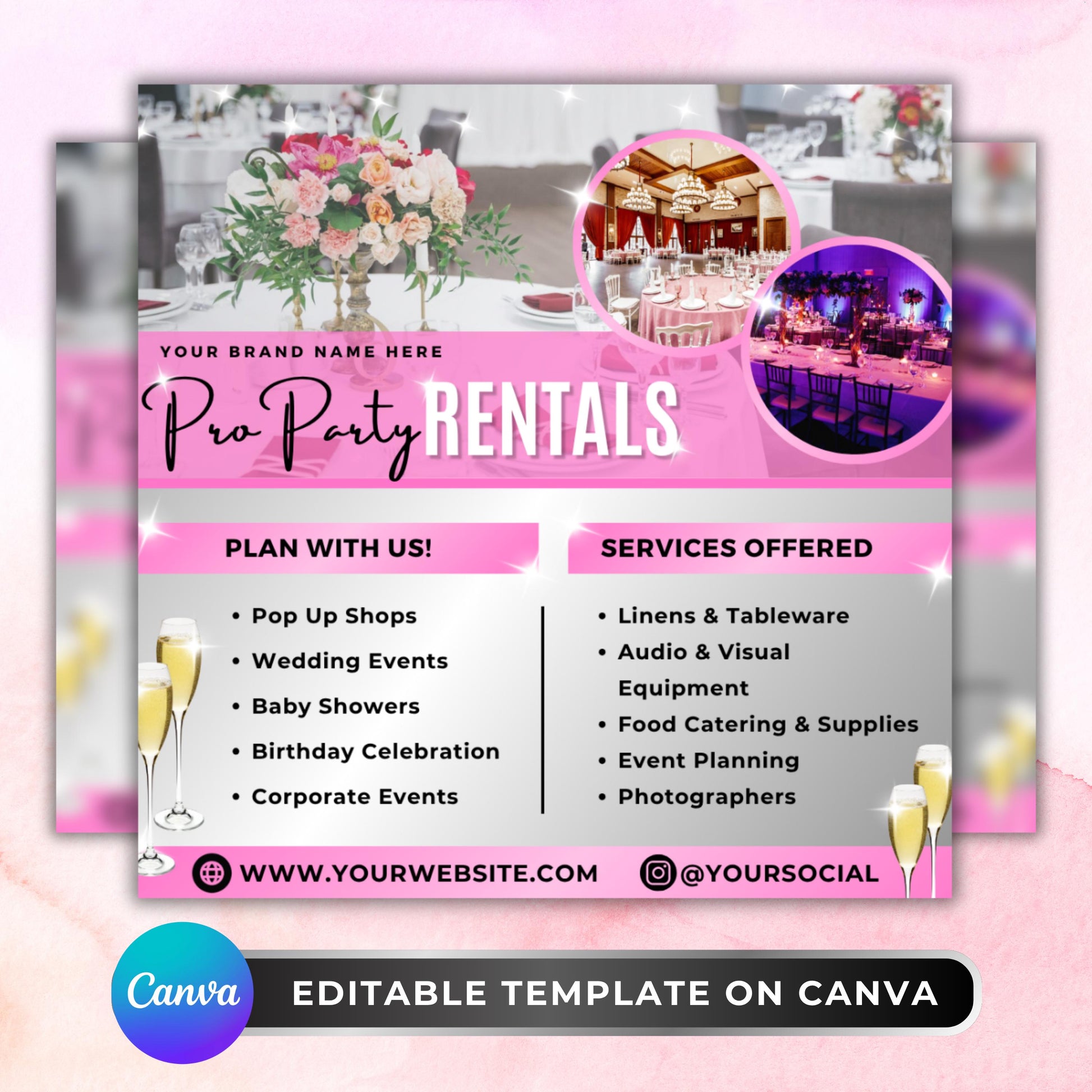Editable Canva party rentals flyer template in pink design, event planner social media post for party decor and rental services.