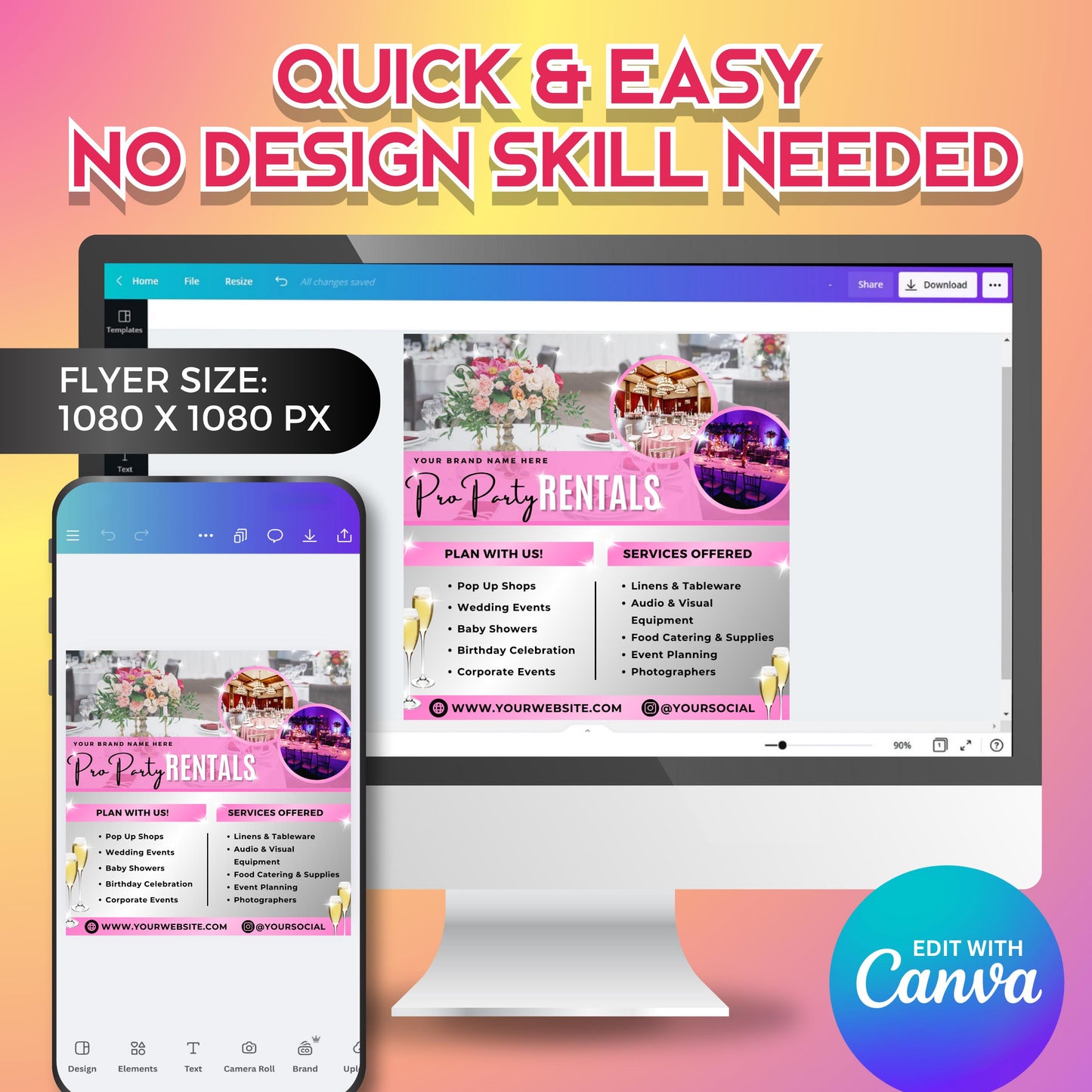 event rental and party planner flyer, editable canva template for promoting party decor and event services online.