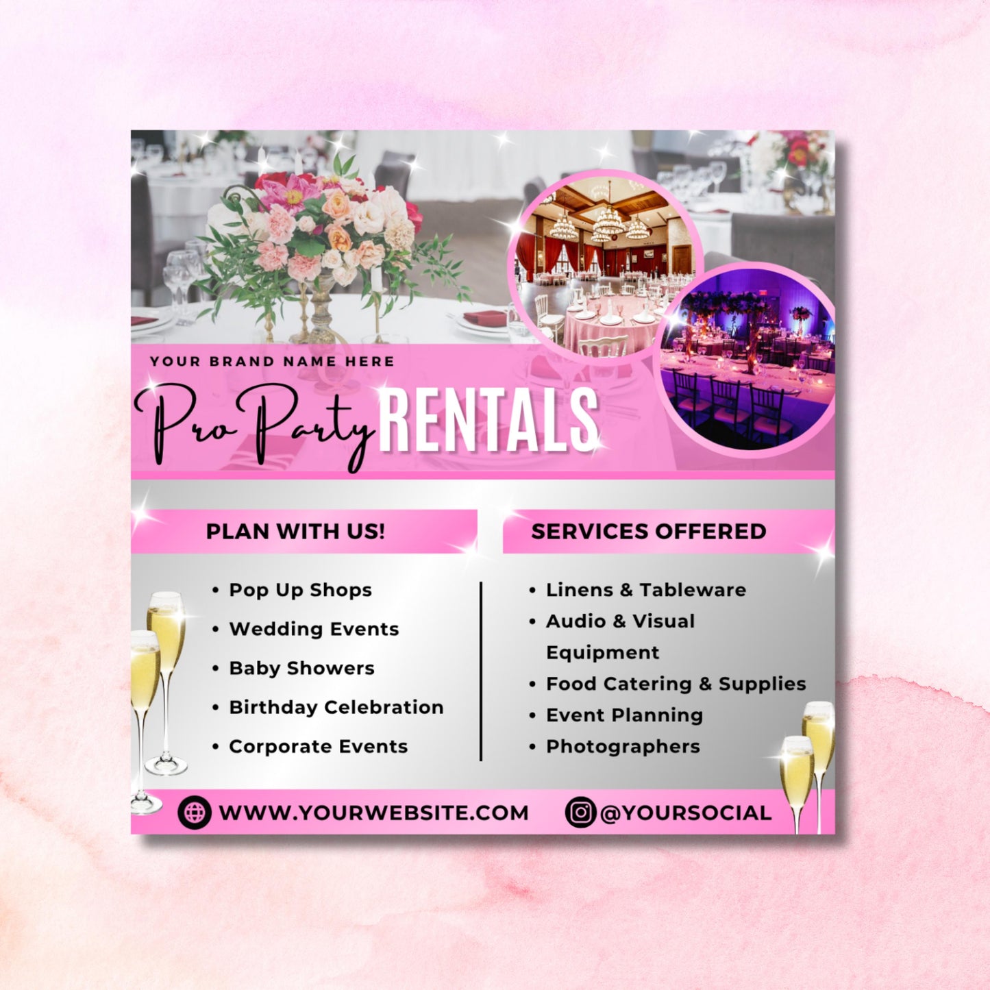 instagram party flyer template for event planners and decorators, editable canva design in pink and white theme.