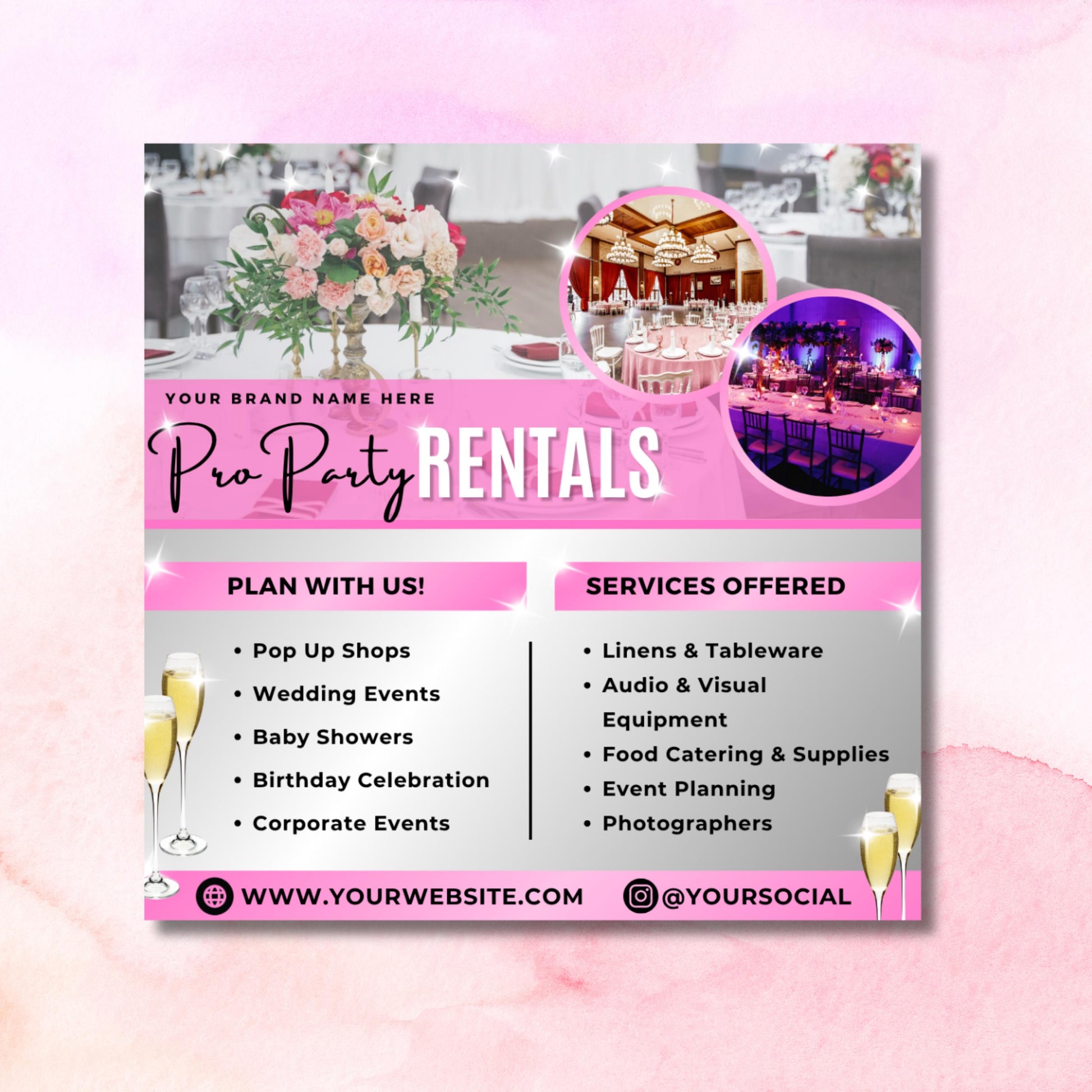 Instagram party flyer template for event planners and decorators, editable Canva design in pink and white theme.
