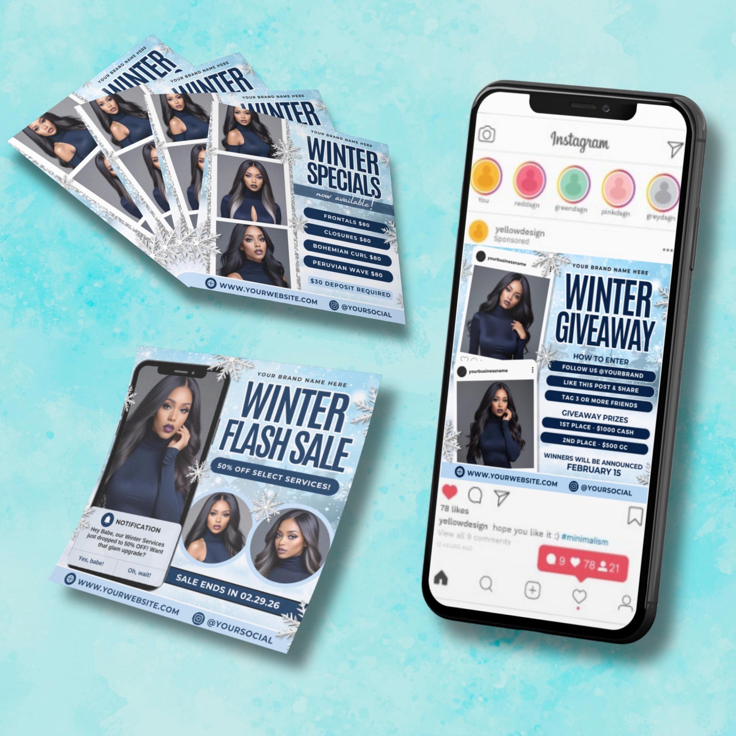 winter beauty flyer bundle, editable canva templates for lash techs, hairstylists, and muas to promote bookings, specials, and giveaways.
editable winter booking flyer template in canva, blue snowflake design for beauty salons, lash artists, and hairstylists.
winter specials flyer template for hair stylists, braiders, and muas, editable canva design for salon promotions and price lists