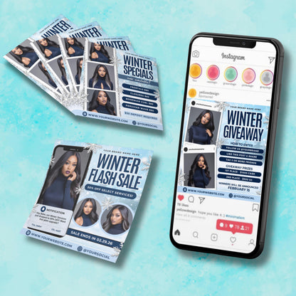 Winter beauty flyer bundle, editable Canva templates for lash techs, hairstylists, and MUAs to promote bookings, specials, and giveaways.
Editable winter booking flyer template in Canva, blue snowflake design for beauty salons, lash artists, and hairstylists.
Winter specials flyer template for hair stylists, braiders, and MUAs, editable Canva design for salon promotions and price lists