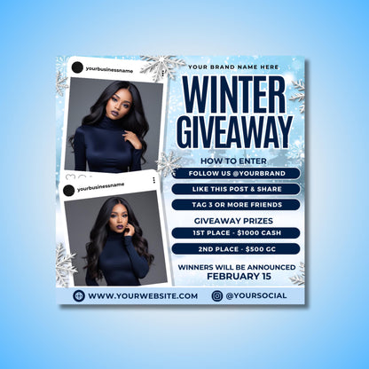 Winter beauty flyer bundle, editable Canva templates for lash techs, hairstylists, and MUAs to promote bookings, specials, and giveaways.
Editable winter booking flyer template in Canva, blue snowflake design for beauty salons, lash artists, and hairstylists.
Winter specials flyer template for hair stylists, braiders, and MUAs, editable Canva design for salon promotions and price lists