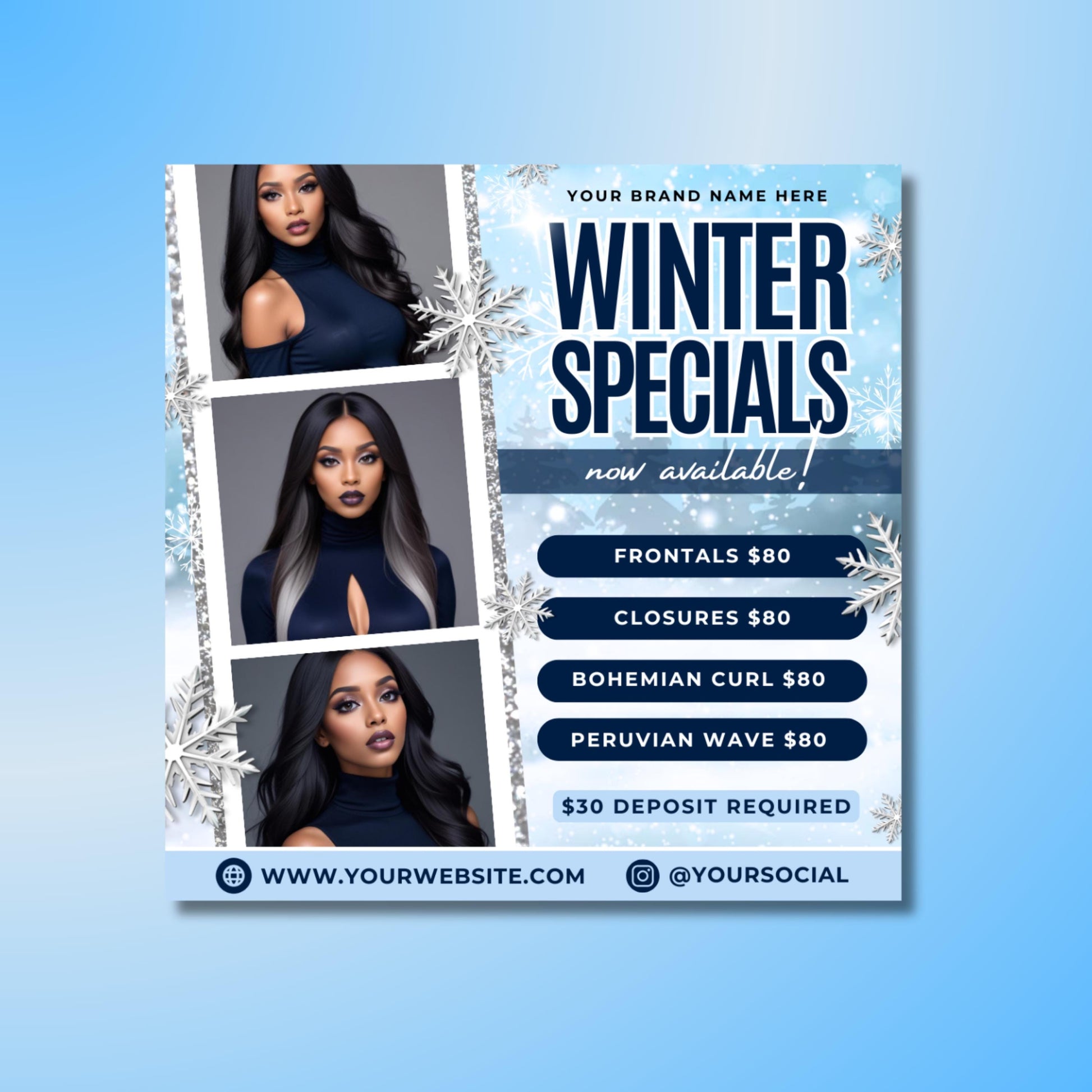 Winter beauty flyer bundle, editable Canva templates for lash techs, hairstylists, and MUAs to promote bookings, specials, and giveaways.
Editable winter booking flyer template in Canva, blue snowflake design for beauty salons, lash artists, and hairstylists.
Winter specials flyer template for hair stylists, braiders, and MUAs, editable Canva design for salon promotions and price lists