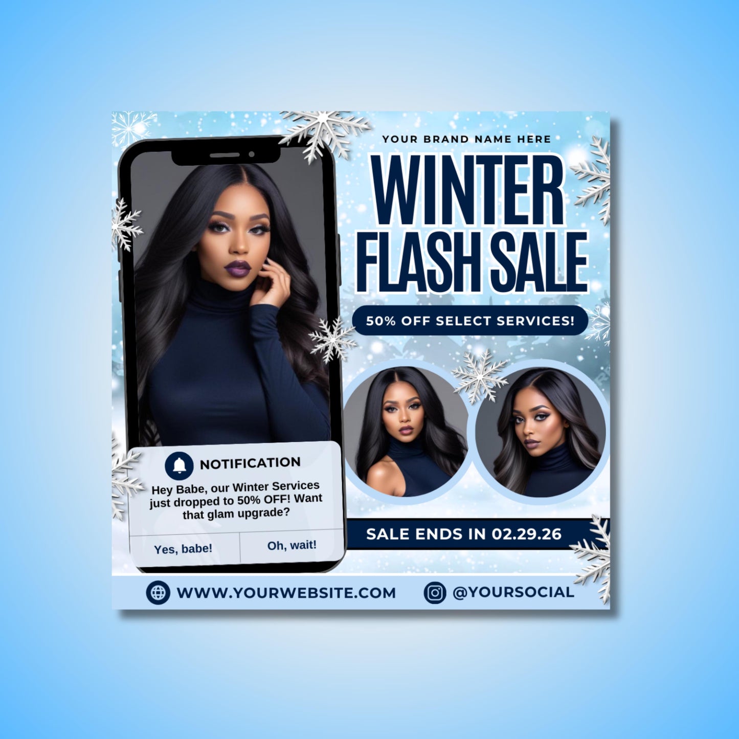 winter beauty flyer bundle, editable canva templates for lash techs, hairstylists, and muas to promote bookings, specials, and giveaways.
editable winter booking flyer template in canva, blue snowflake design for beauty salons, lash artists, and hairstylists.
winter specials flyer template for hair stylists, braiders, and muas, editable canva design for salon promotions and price lists