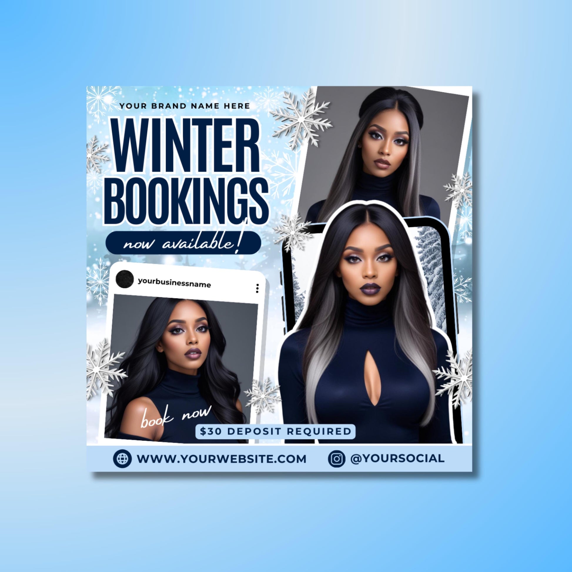 Winter beauty flyer bundle, editable Canva templates for lash techs, hairstylists, and MUAs to promote bookings, specials, and giveaways.
Editable winter booking flyer template in Canva, blue snowflake design for beauty salons, lash artists, and hairstylists.
Winter specials flyer template for hair stylists, braiders, and MUAs, editable Canva design for salon promotions and price lists
